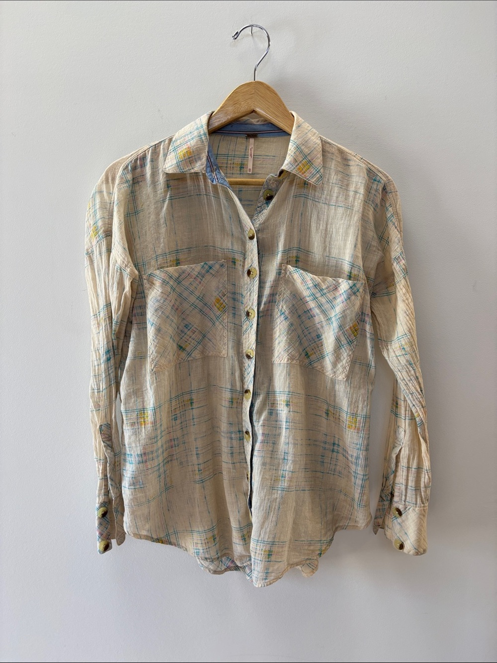 Free People Cream Plaid Button-Down Shirt with Blue and Yellow Accents